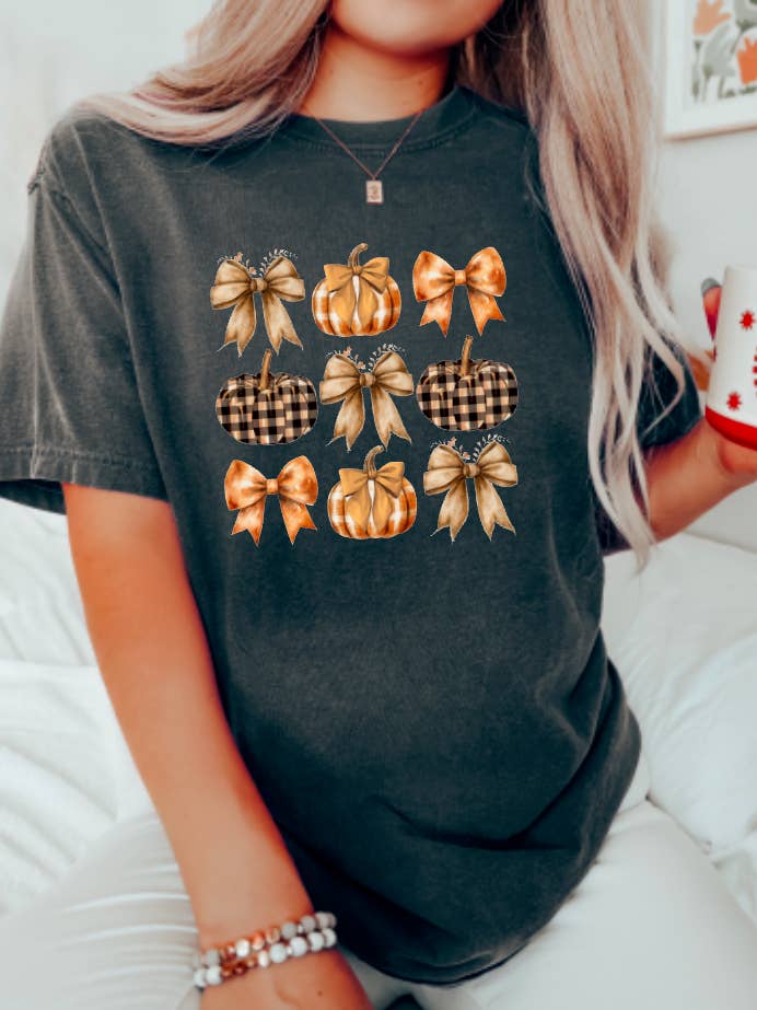 Adult Fall Coquette Pumpkins & Bows Tee