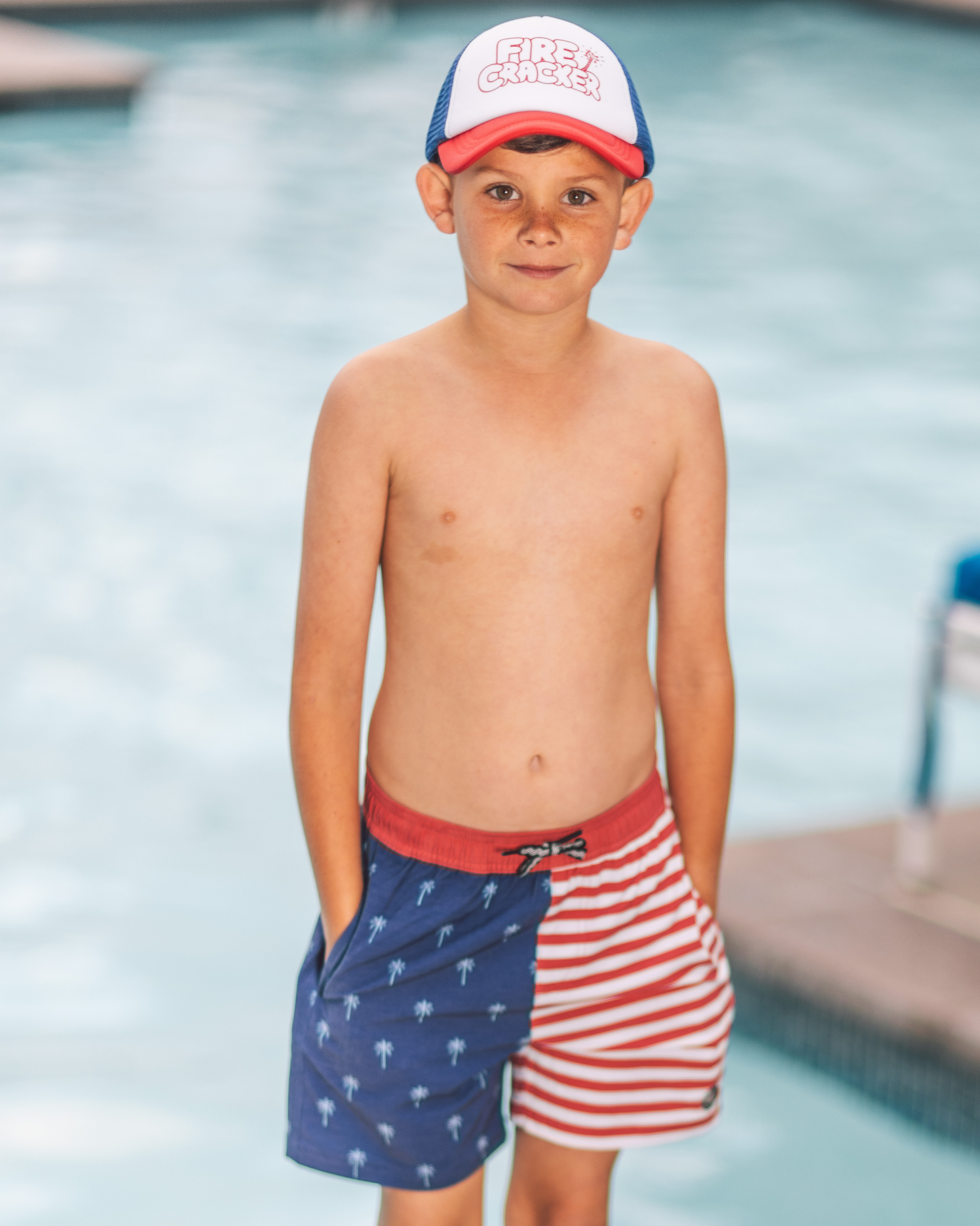 Boy's Palm Stripe Volley Trunk - Twilight