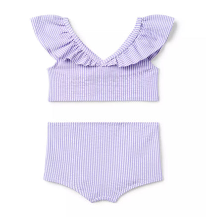Purple Striped Ruffled 2 Piece Swimsuit