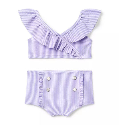 Purple Striped Ruffled 2 Piece Swimsuit