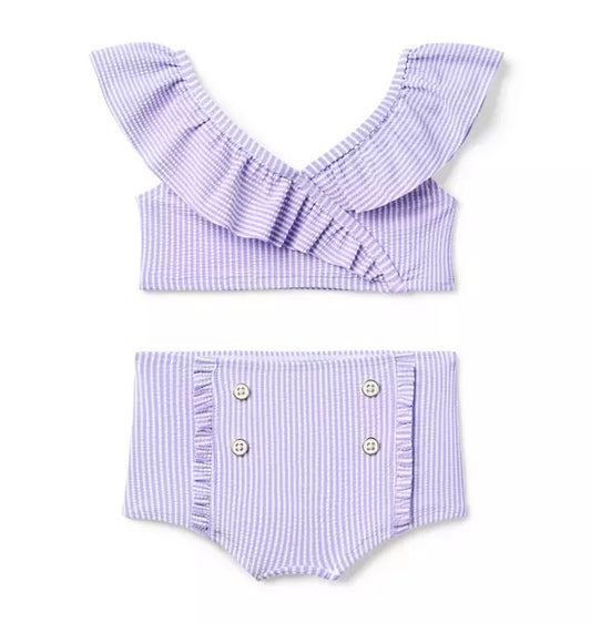 Purple Striped Ruffled 2 Piece Swimsuit