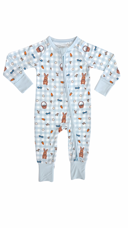 Blue Gingham Bunny Zipper Romper