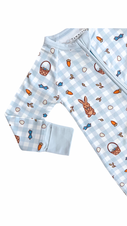 Blue Gingham Bunny Zipper Romper