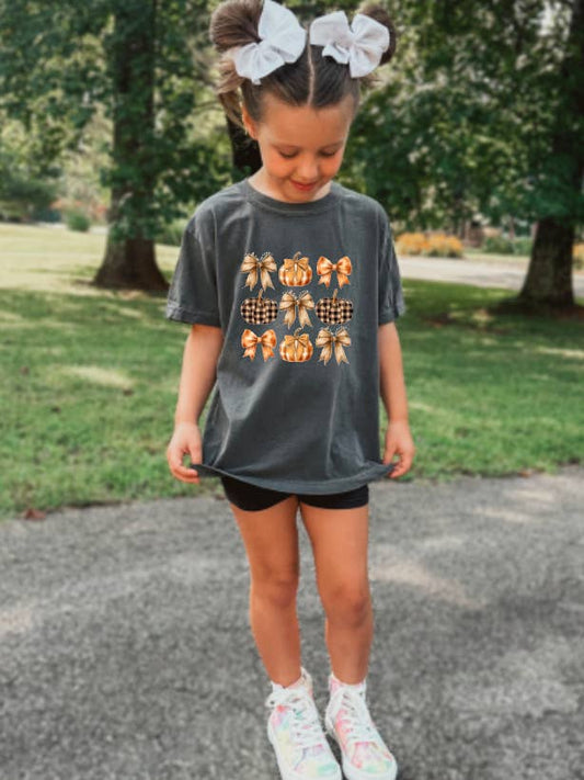Youth Fall Coquette Pumpkin Bow Tee