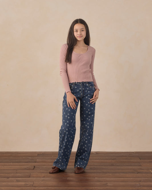 Teen Baggy Wide Leg Denim Heart Ditsy
